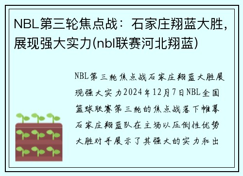 NBL第三轮焦点战：石家庄翔蓝大胜，展现强大实力(nbl联赛河北翔蓝)